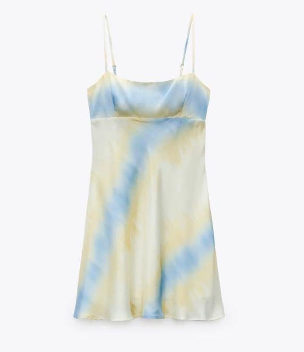 Zara | Pale Yellow Blue Tie Dye Satin Mini Slip Dress Preppy Summer Going Out
